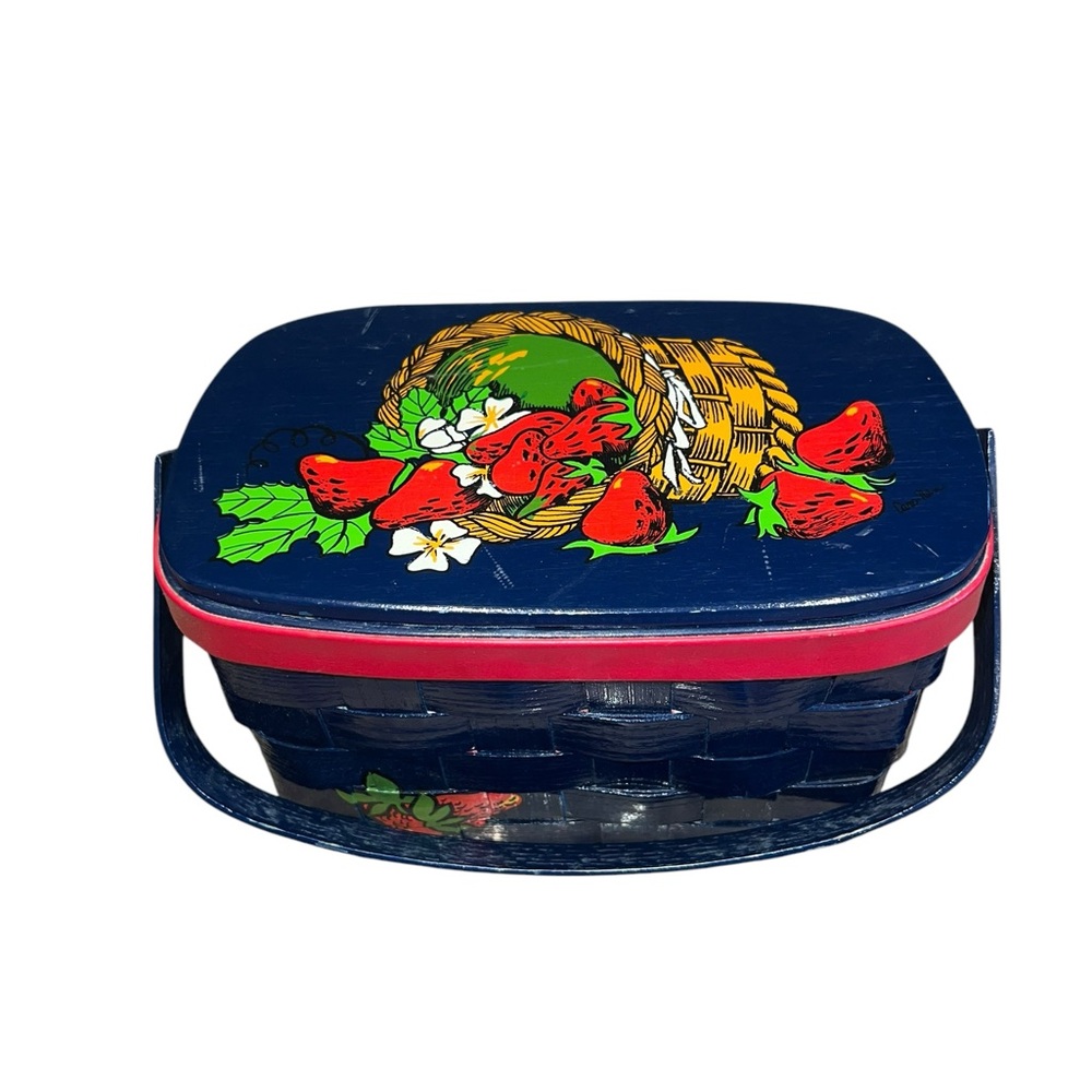 Vintage Signed Caro Nan Wood Basket Purse Navy Blue Strawberries Red Lining USA